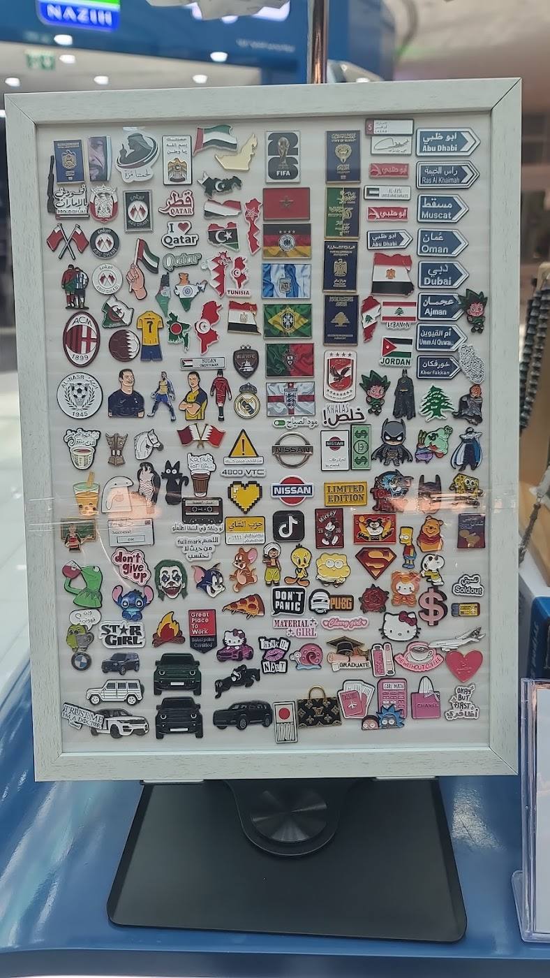 A full board of colourful stickers on a stand